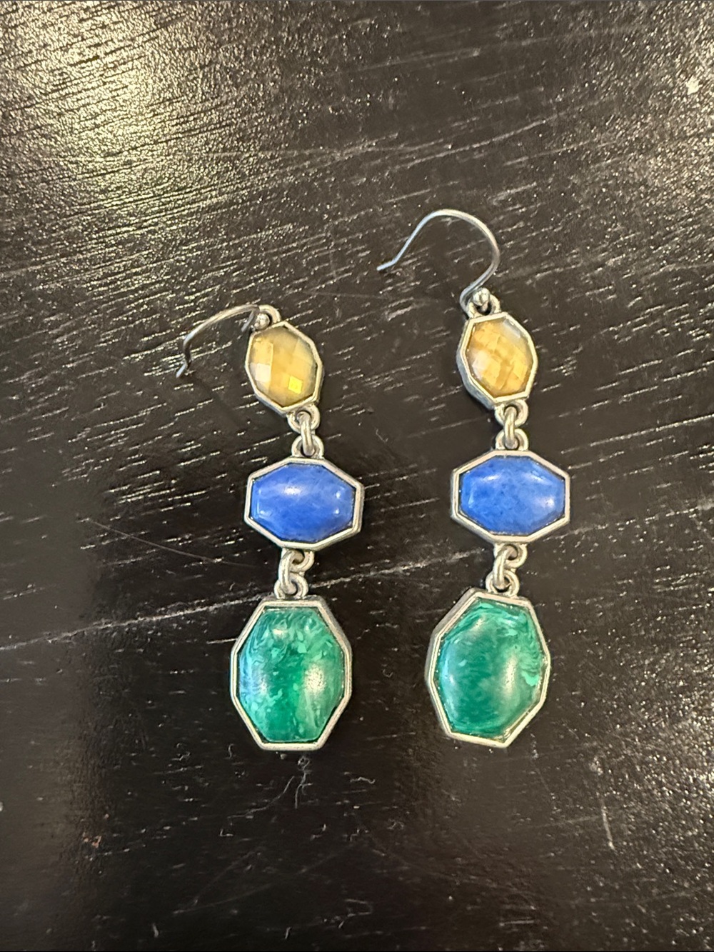 Multi-Color Triple Drop Gemstone Earrings - Blue, Green & Yellow